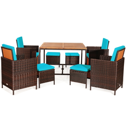 Topbuy 9 PCS Outdoor Patio Dining Set Conversation Furniture W/ Removable Cushions Turquoise