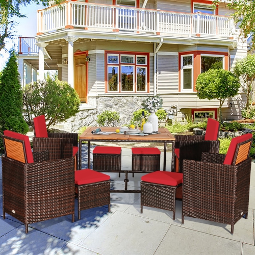 Topbuy 9 PCS Outdoor Patio Dining Set Conversation Furniture W/ Removable Cushions Red