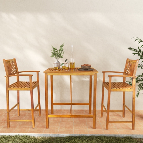 Gymax 3 PCS Outdoor Acacia Wood Bar Set w/ Slatted Seat & Tabletop