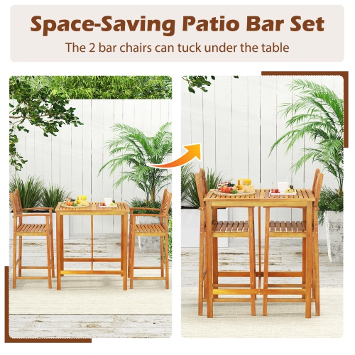 Gymax 3 PCS Outdoor Acacia Wood Bar Set w/ Slatted Seat & Tabletop