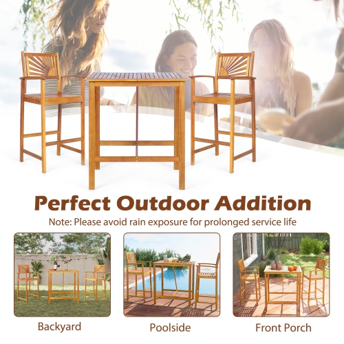 Gymax 3 PCS Outdoor Acacia Wood Bar Set w/ Slatted Seat & Tabletop