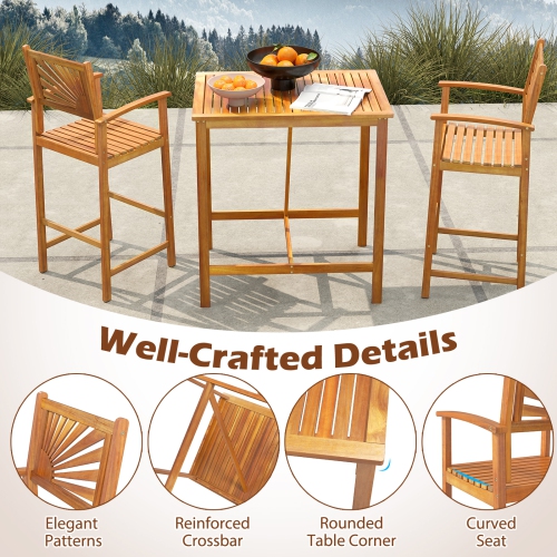 Gymax 3 PCS Outdoor Acacia Wood Bar Set w/ Slatted Seat & Tabletop