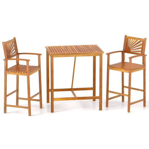 Gymax 3 PCS Outdoor Acacia Wood Bar Set w/ Slatted Seat & Tabletop