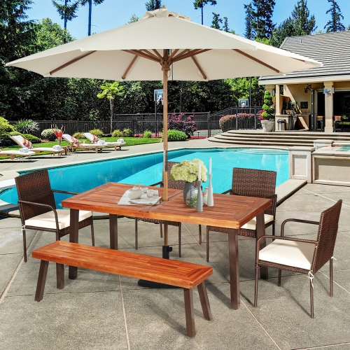 GYMAX  6PCs Patio Rattan Dining Set Acacia Wood Tabletop Cushioned Chair