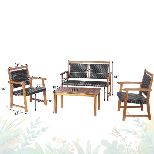 Gymax 4PCS Patio Acacia Wood Conversation Set Outdoor Rattan Furniture Set
