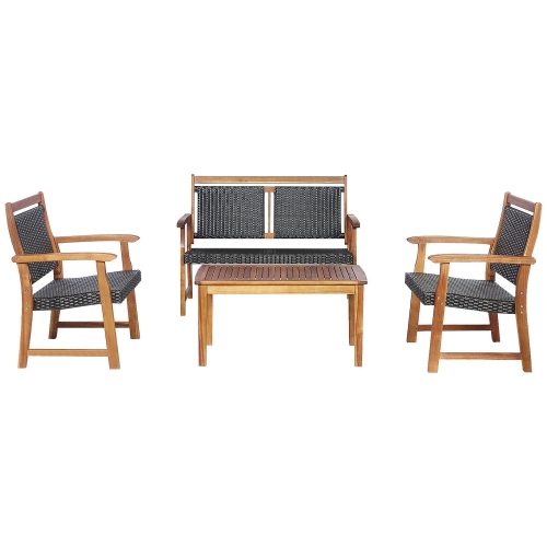 Gymax 4PCS Patio Acacia Wood Conversation Set Outdoor Rattan Furniture Set
