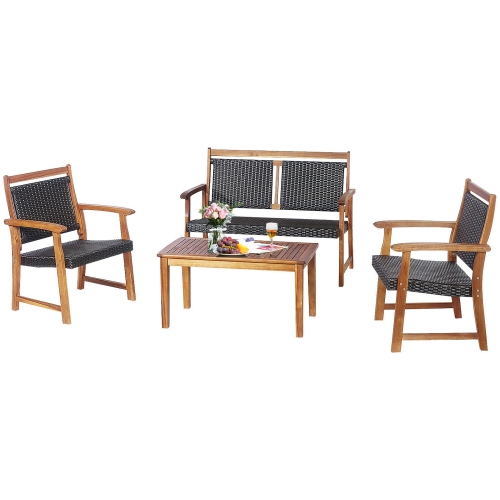 Gymax 4PCS Patio Acacia Wood Conversation Set Outdoor Rattan Furniture Set