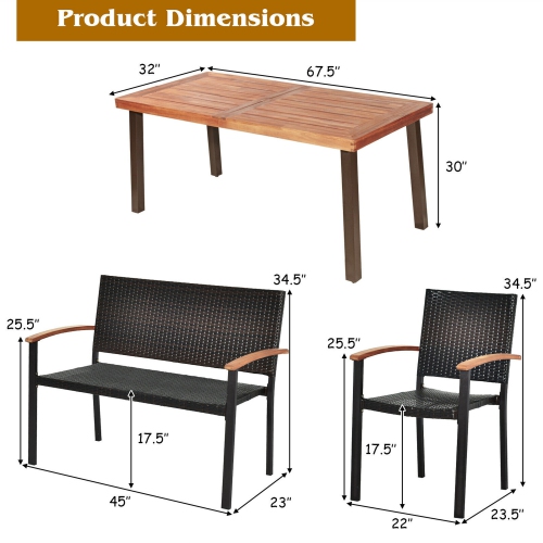 Gymax 5PCS Patio Rattan Dining Set Acacia Wood Tabletop Stackable Chair Bench