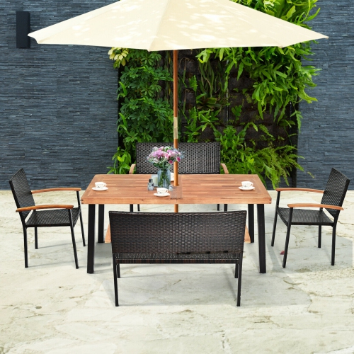Gymax 5PCS Patio Rattan Dining Set Acacia Wood Tabletop Stackable Chair Bench