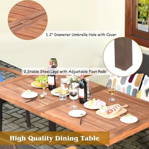 Gymax 5PCS Patio Rattan Dining Set Acacia Wood Tabletop Stackable Chair Bench