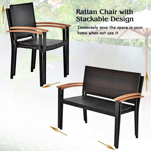 Gymax 5PCS Patio Rattan Dining Set Acacia Wood Tabletop Stackable Chair Bench