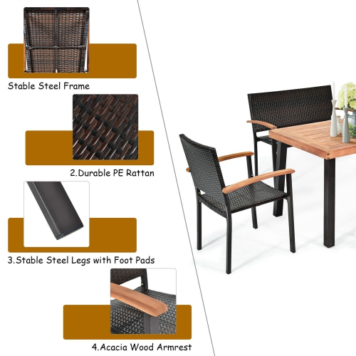 Gymax 5PCS Patio Rattan Dining Set Acacia Wood Tabletop Stackable Chair Bench