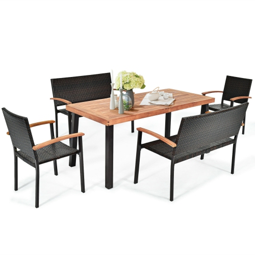 Gymax 5PCS Patio Rattan Dining Set Acacia Wood Tabletop Stackable Chair Bench