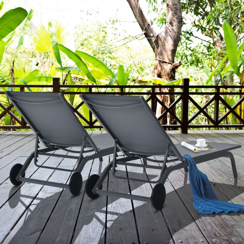Gymax Set of 2 Patio Chaise Lounge Chair Aluminum Adjustable Recliner w/ Wheels Grey