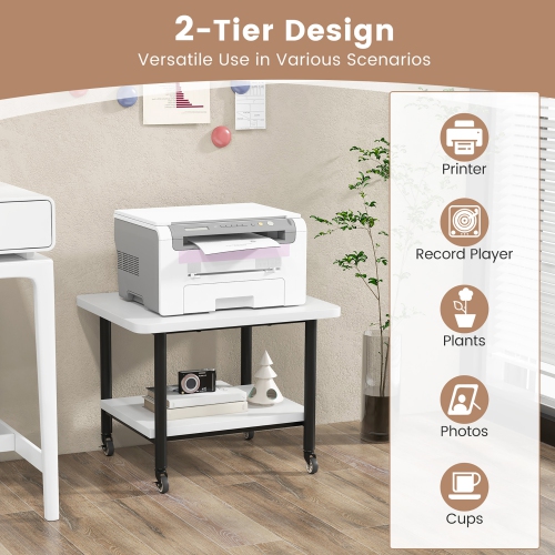 Gymax 2-Tier Rolling Under Desk Printer Cart Machine Stand Storage Rack White