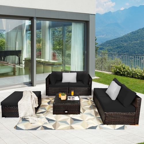 GYMAX  6PCs Rattan Patio Sectional Sofa Set Outdoor Furniture Set W/ Cushions In Black