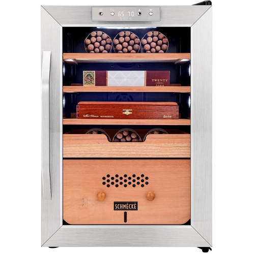 Schmécké 300 Cigar Cooler Humidor with Precise Humidity Control, Stainless Steel Trim Finish Cabinet, Spanish Cedar Wood Shelves and Drawer with