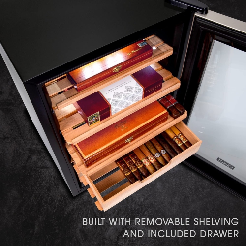 Schmécké 300 Cigar Cooler Humidor with Precise Humidity Control, Stainless Steel Trim Finish Cabinet, Spanish Cedar Wood Shelves and Drawer with