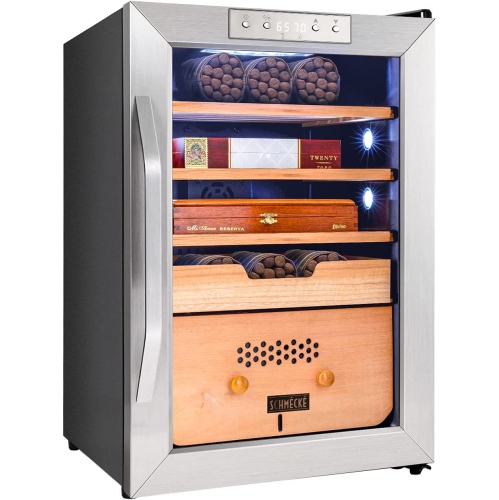 Schmécké 300 Cigar Cooler Humidor with Precise Humidity Control, Stainless Steel Trim Finish Cabinet, Spanish Cedar Wood Shelves and Drawer with