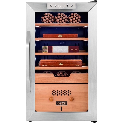 Schmécké 400 Cigar Cooler Humidor with Precise Humidity Control, Stainless Steel Trim Finish Cabinet, Spanish Cedar Wood Shelves and Drawer with