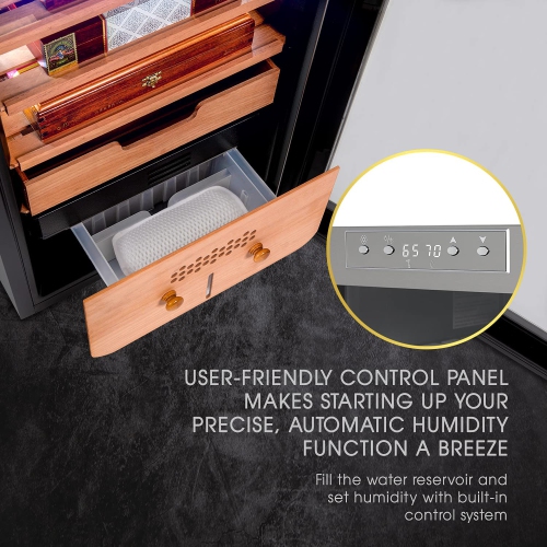 Schmécké 400 Cigar Cooler Humidor with Precise Humidity Control, Stainless Steel Trim Finish Cabinet, Spanish Cedar Wood Shelves and Drawer with