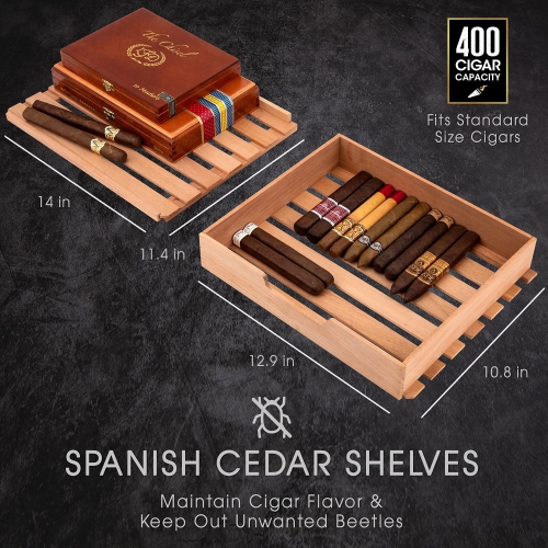 Schmécké 400 Cigar Cooler Humidor with Precise Humidity Control, Stainless Steel Trim Finish Cabinet, Spanish Cedar Wood Shelves and Drawer with