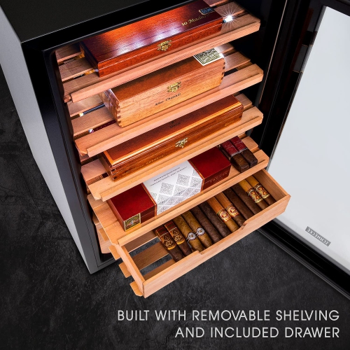 Schmécké 400 Cigar Cooler Humidor with Precise Humidity Control, Stainless Steel Trim Finish Cabinet, Spanish Cedar Wood Shelves and Drawer with