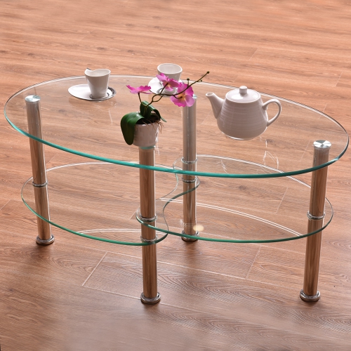 Table à dîner ovale à plateau en verre trempé avec dessus en verre de TopBuy salle de séjour à base chromée