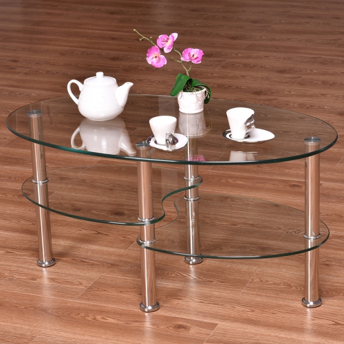 Table à dîner ovale à plateau en verre trempé avec dessus en verre de TopBuy salle de séjour à base chromée
