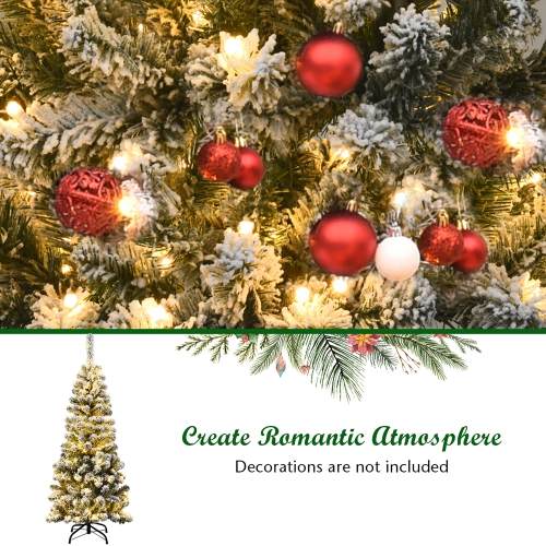 Costway 4.5Ft Pre-lit Snow Flocked Artificial Pencil Christmas Pine Tree w/150 LED Light