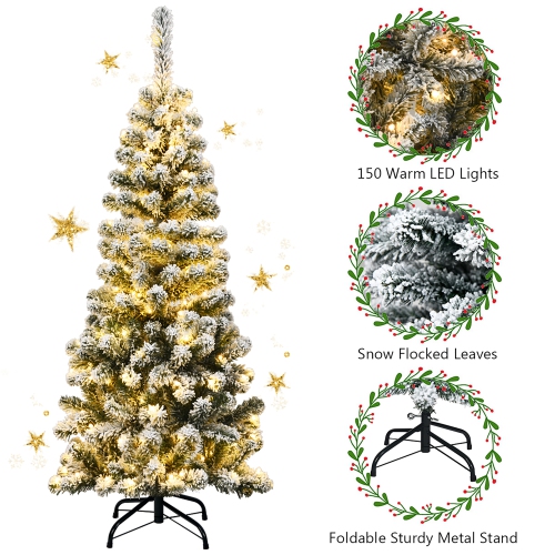 Costway 4.5Ft Pre-lit Snow Flocked Artificial Pencil Christmas Pine Tree w/150 LED Light