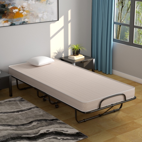 TopBuy – cadre de lit pliant, lit d’invité portatif avec roulettes et mousse à mémoire épaisse pour chambre à coucher, beige