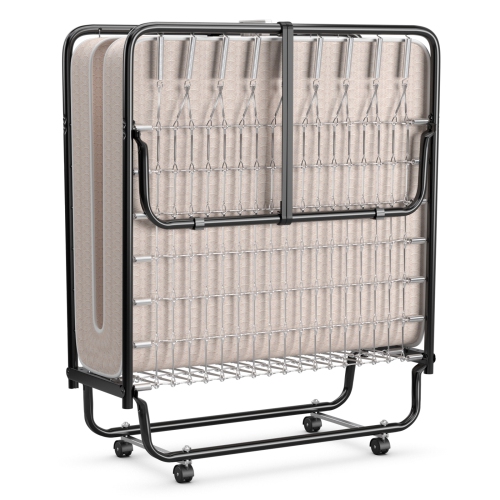 TopBuy – cadre de lit pliant, lit d’invité portatif avec roulettes et mousse à mémoire épaisse pour chambre à coucher, beige
