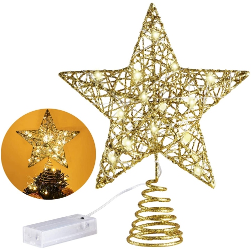MAIAGO 10 Inches Christmas Tree Topper with 20 LED Lights, Gold Glittered Metal Christmas Tree Decorations - axGear