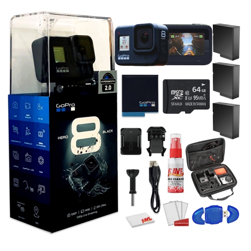 GoPro HERO8 Black Digital Action Camera - Waterproof - With Cleaning Set + Case + 64GB Memory Card and 3 x Extra Batteries