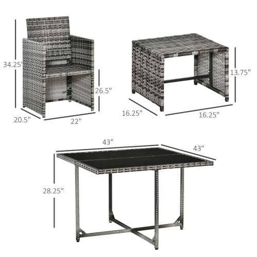 Ensemble de patio en osier de 9 pièces Outsunny avec coussins amovibles, table de salle à manger en verre, poufs, ensemble de patio en rotin de