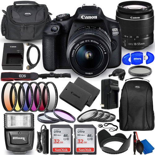 Canon EOS 2000D SD, Extra Battery and Charger, LED Light Kit, Carrying Case and More