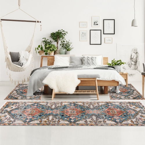 LADOLE RUGS  La Dole Rugs Traditional Bordered Navajo Vintage Teal Turquoise Ivory Area Rug Living Room Bedroom Carpet Tapis 2'7"x9'11" In Red Orange