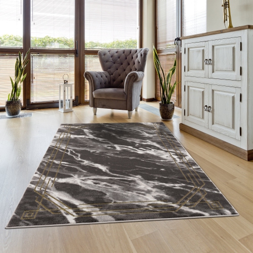 La Dole Rugs Modern Minimalistic Marble Pattern Abstract Rustic Grey Charcoal Gold Bordered Area Rug Living Room Bedroom Carpet Tapis 5'2"x7'6"
