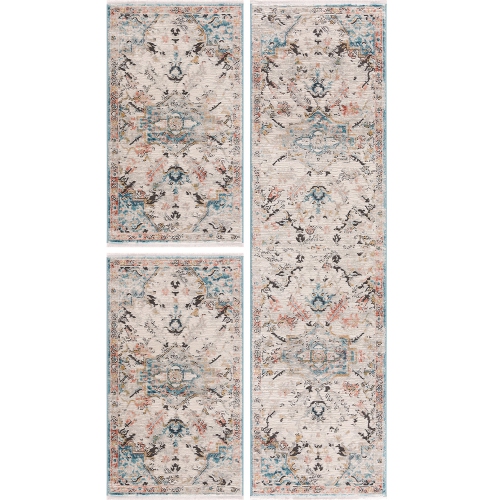 La Dole Rugs Traditional Persian Oriental Distressed Teal Turquoise Ivory Grey Red Orange Area Rug Living Room Bedroom Carpet Tapis 9'x12'5"