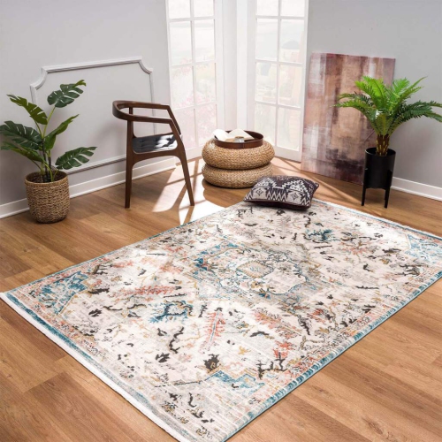 La Dole Rugs Traditional Persian Oriental Distressed Teal Turquoise Ivory Grey Red Orange Area Rug Living Room Bedroom Carpet Tapis 3'11"x5'3"