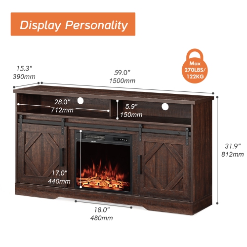 Wampat 2-in-1 Design Fireplace TV Stand for TVs Up to 65 Inch, 2 Heating Mode, 5 Brightness, Rustic Brown