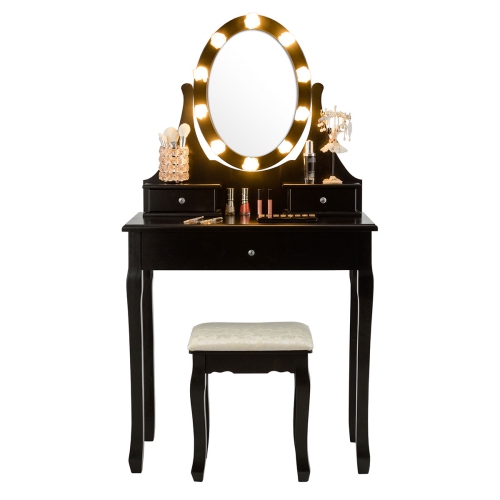 Topbuy Lighted Vanity Mirror Set Makeup Dressing Table w/ 3 Drawers Mirror & 10 LED Bulbs Black
