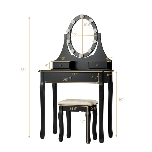 Topbuy Lighted Vanity Mirror Set Makeup Dressing Table w/ 3 Drawers Mirror & 10 LED Bulbs Black