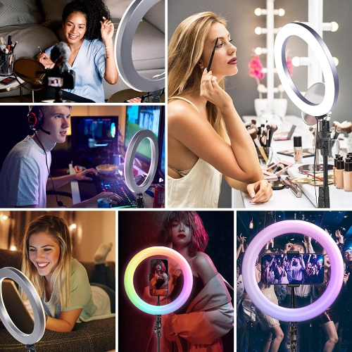 14" 36cm Anneau lumineux RGB avec trépied, Selfie Led Ring Light with 25" Extendable Tripod Stand & Flexible Phone Holder for TikTok/YouTube/Live