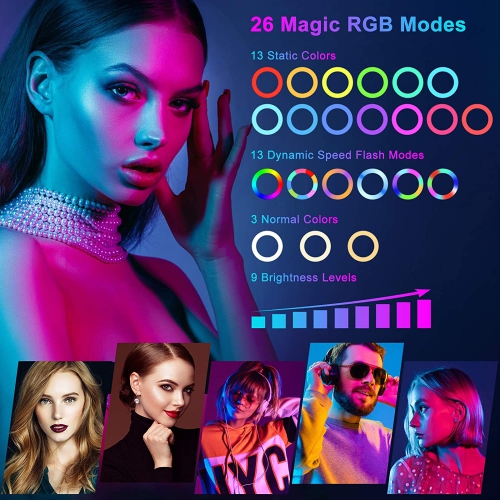 14" 36cm Anneau lumineux RGB avec trépied, Selfie Led Ring Light with 25" Extendable Tripod Stand & Flexible Phone Holder for TikTok/YouTube/Live