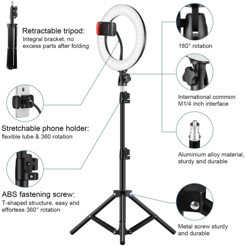 Anneau lumineux DEL RVB de 8 po avec trépied et support pour téléphone, 26 scènes lumineuses en NÉON; éclairage réglable pour égoportrait