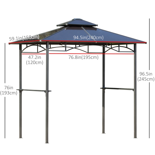 Outsunny 8' x 5' Hardtop Grill Gazebo, Aluminium BBQ Canopy Gazebo, Outdoor Canopy with Side Shelves & Double Roof
