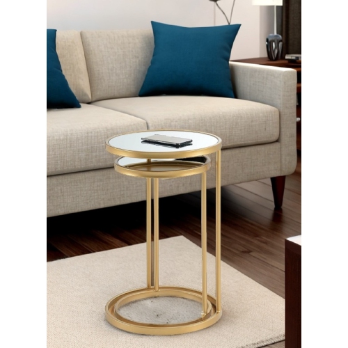 VISCOLOGIC  Rover Glass Mirror Metal Frame Mid-Century Nested Living Room End Side Table, Bed Side Table, Gold, Set Of 2