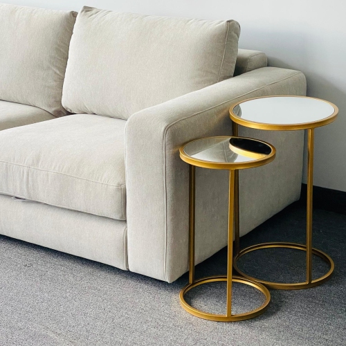 Rover Glass Mirror Metal Frame Mid-Century Nested Living Room End Side Table, Bed Side Table, Gold, Set of 2